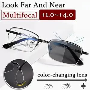 1 Pair Fashionable Unisex Photochromic Progressive Multifocal Reading Glasses - Ultra-light, Flexible Memory Temple Arms, Anti-glar  1.0 to  4.0 Strength, Semi-rimless Rectangular Design with Metal Hinges