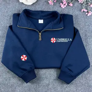 Embroidered Umbrella Corporation Zip Quarter Sweatshirt, Vintage Residence Evil Zombie Video Game Hoodie, Leon Kennedy Tee, Horror Game Gifts