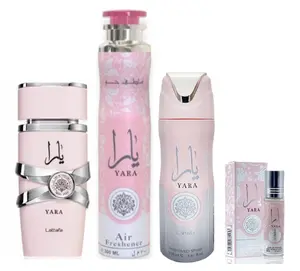 Yara Perfume (3.40z) + yara Deodorant (6.67oz) + yara Air Freshener (10.0 oz) + yara rollon 10ml(0.34oz) from lattafa Perfumes