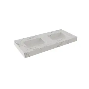 Glam 48 Inch White Bathroom Vanity with Lights and Stone Slab Countertop, Modern Floating Rubberwood Cabinet, Dual Sinks
