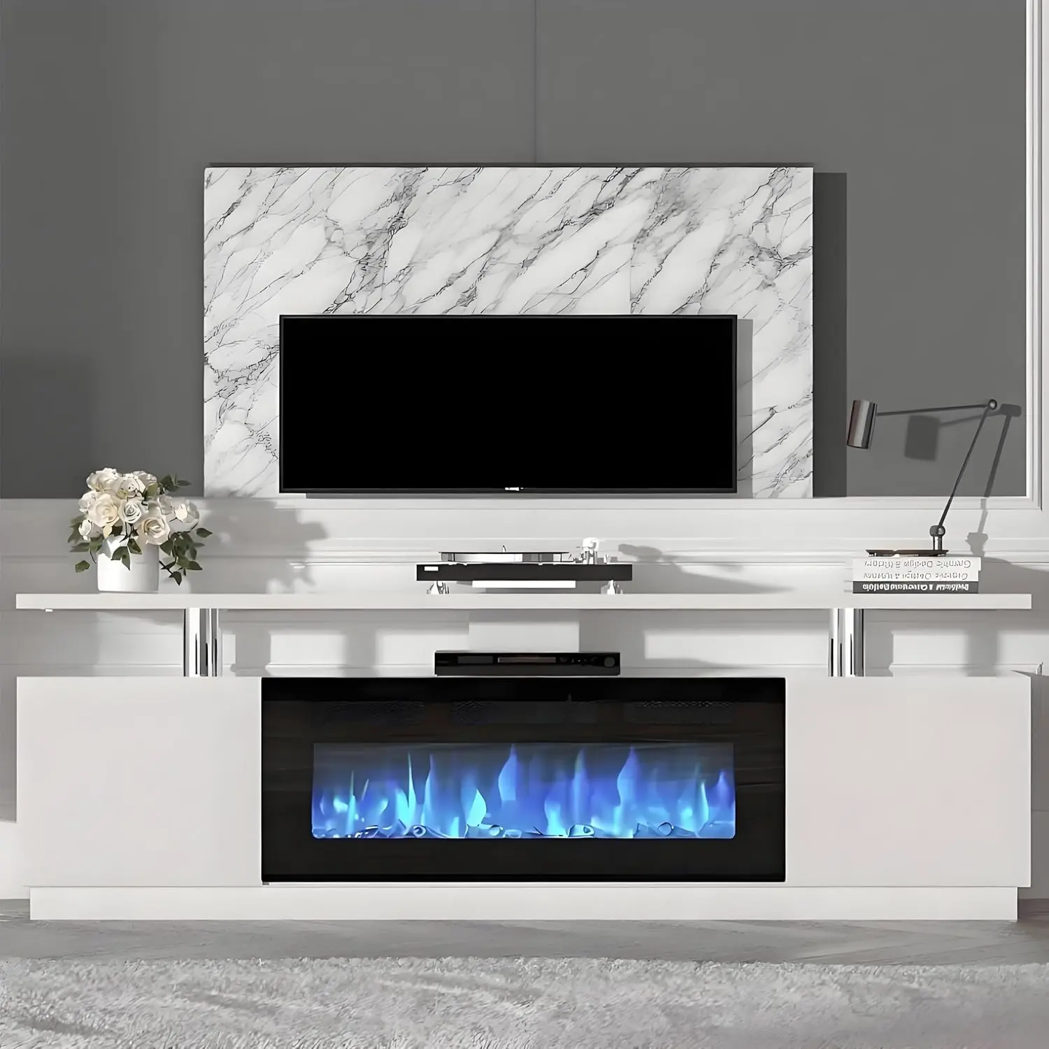 Fireplace TV Stand, 70'' White Modern TV Stand, with Electric Fireplace 36" Heater, Adjustable LED Flame Effects and 12 Flame Colors, 2-Tier Storage & Cabinets Tv Shelf Tv Console