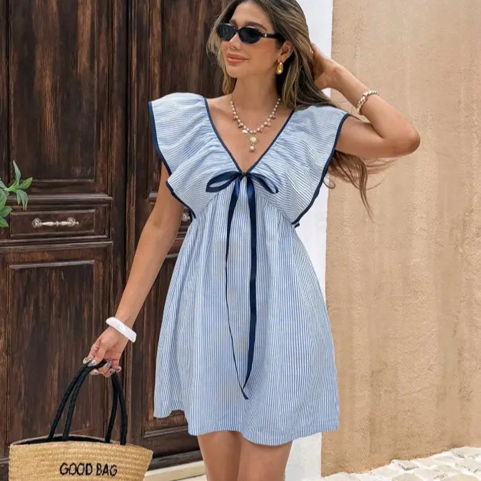 Women'S Casual Elegant Striped V Neck Short Sleeve A Line Skirt Blue White Vertical Stripes, All Season Machine Washable Long Length Casual Fashion, Loose Fit, Striped Contrast Dress, Contrast Trim, Contrast Ribbon