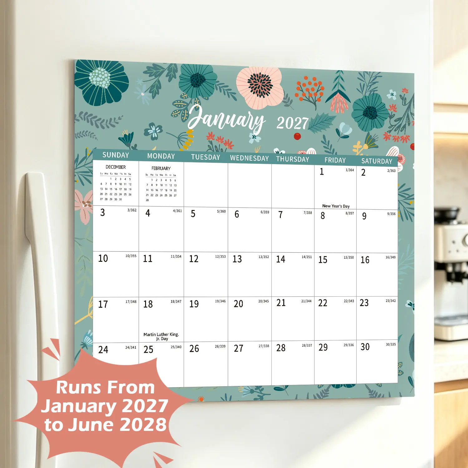 2027-2028 Magnetic Calendar for Refrigerator, 18 Monthly Wall Calendar (January 2027 to June 2028) with Holidays, Corner Protector, Tear-Off Pages, Fridge Calendar for Kitchen Office Planning, 13"x11.5"