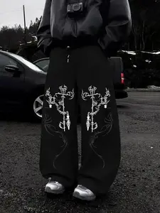 Baggy Y2K Grunge Graphic Drawstring Waist Jeans - Oversized Black Wide Leg Denim with White Tribal Print | Alt Fashion Streetwear Vintage Loose Fit Trousers for E-Boy/E-Girl Skate & 90s Aesthetic Vibe