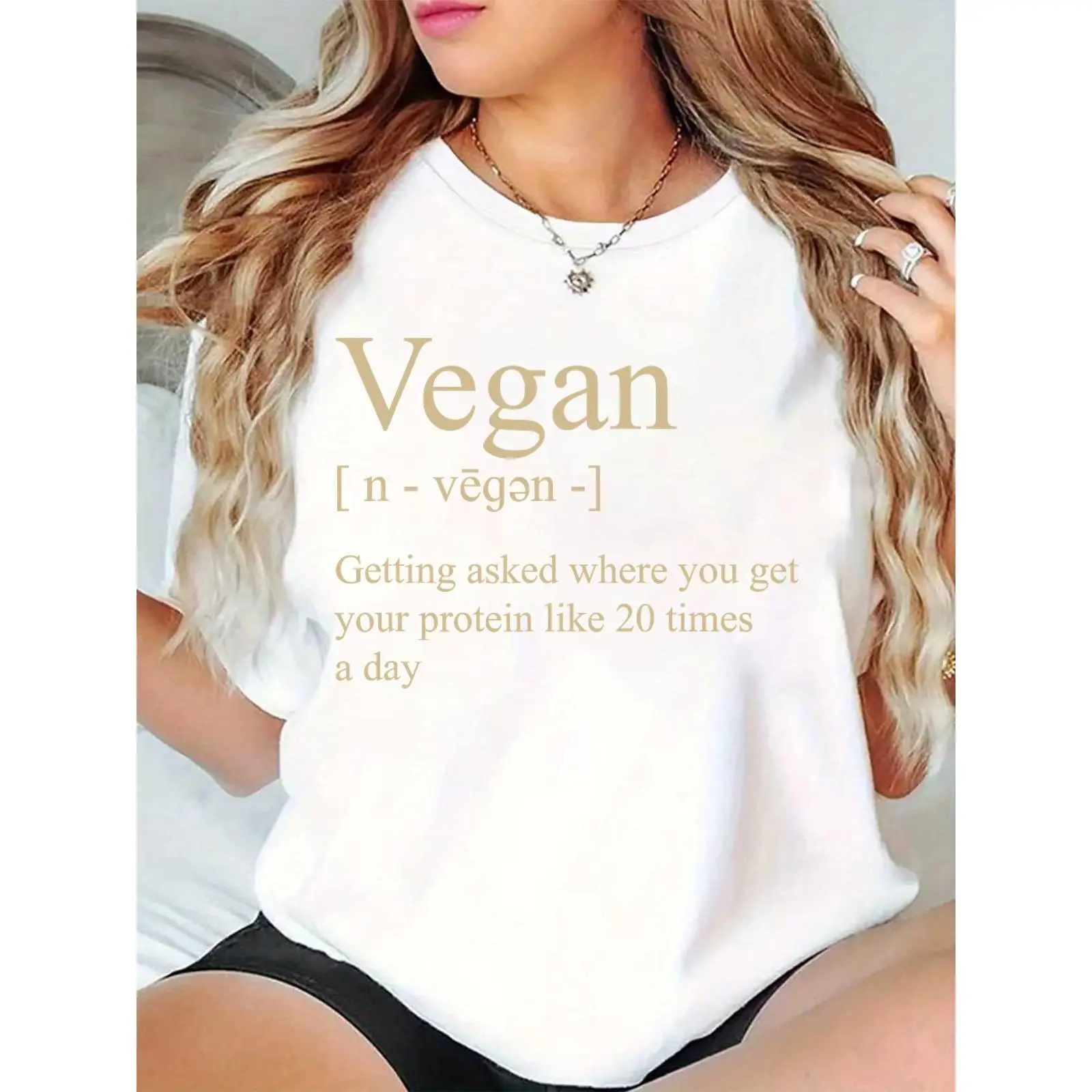Women's Funny Vegan Definition T-Shirt | Humorous Plant-Based Protein Joke Graphic Tee for Vegans, Casual Daily Wear, Gym, or Outings, Day, Basic, Comfortable, Short Sleeve, Simple, Tshirt, Top