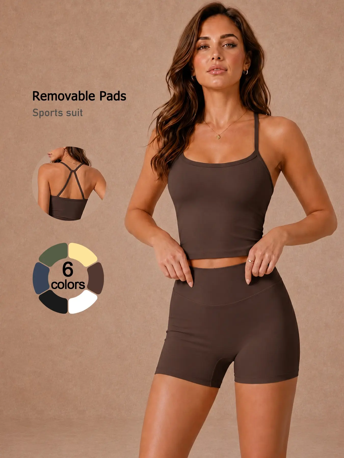 Women's 2 Piece Fitness Set, Women Workout Clothes, Soft Stretch Activewear, Solid Color Sleeveless Spaghetti Strap Cami Top Shorts Breathable Removable Padded Butt Lifting Tummy Control Open Back Yoga Set Gym Running Clothing