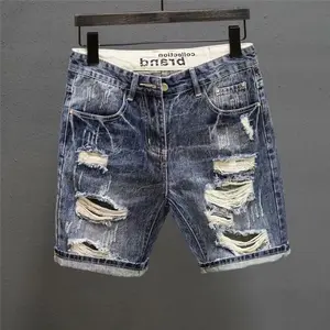 Fashion Vintage Men's Summer Denim Shorts with Distressed Holes Slim Fit Designer Luxury Ripped Pocket Jeans Dark Wash for Casual Outfits
