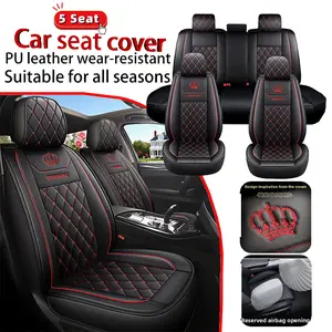 5-Seat Car Seat Covers Waterproof PU Leather Anti-Stain Durable Crown Embroidery Complete Set Front Rear Rows Fully Wrapped All Seasons