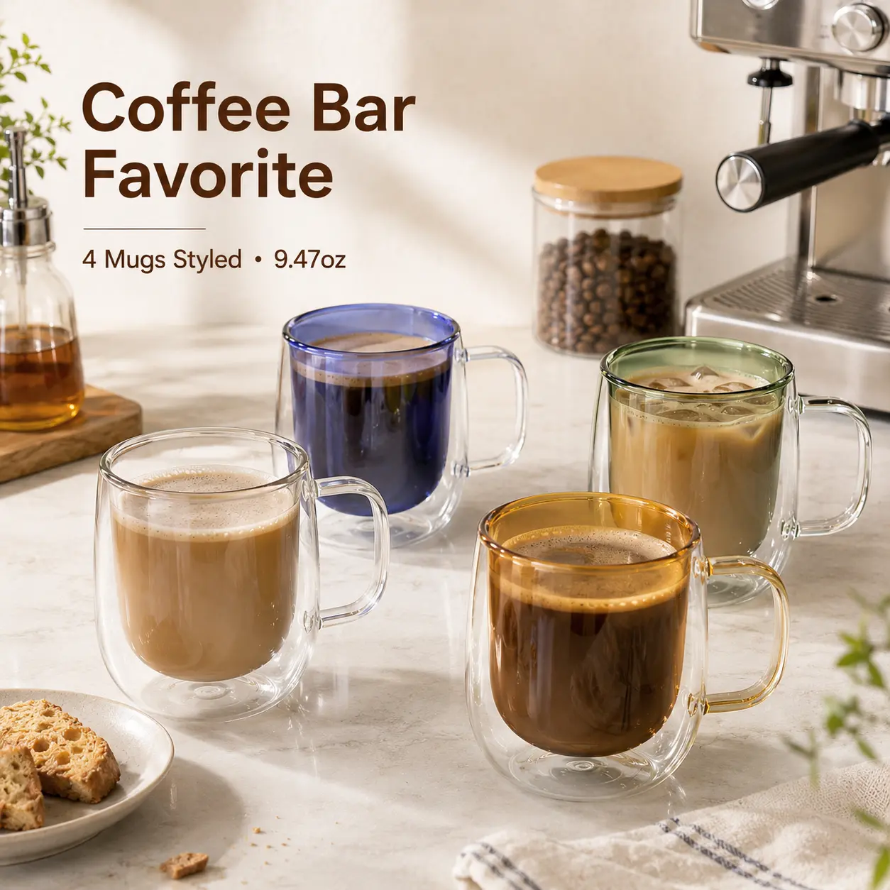 5-Piece 9 oz Double Wall Borosilicate Coffee Mugs with Handles - Insulated, Heat Resistant, Dishwasher Safe, No Condensation, Beverage Mug for Hot/Cold Drinking, Stylish Gift for Coffee Lovers, Aesthetic Kitchenware Drinkware Glasses, Gift Idea