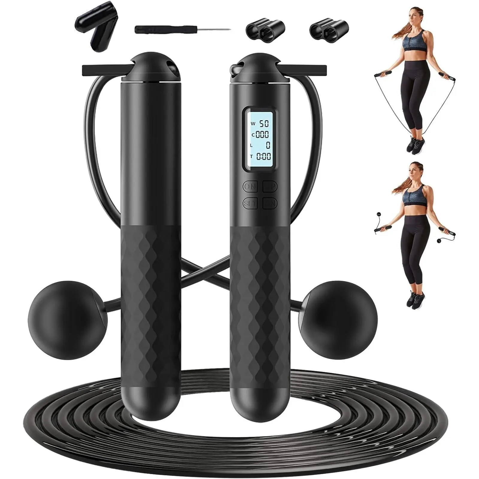 2 in 1 Weighted Skipping Jump Rope with Counter, Cordless Indoor Ropeless Kit, Adjustable Long Cable Suitable for Backyard & Indoor Exercise