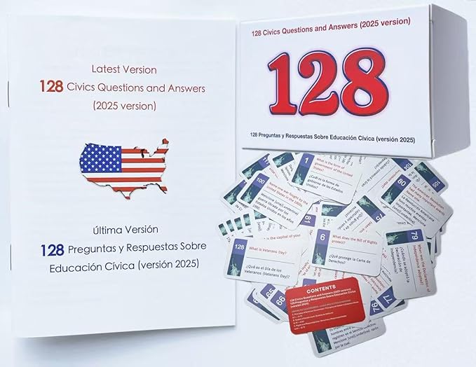 U.S.Civics 2026-128 questions Test Bilingual Flach Cards-English/Spanish