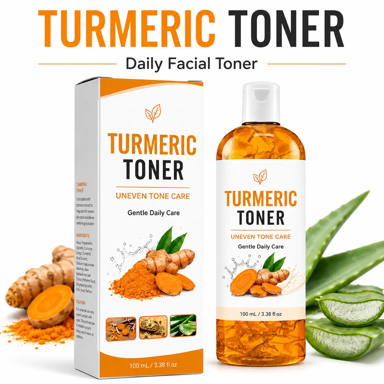 Turmeric Brightening Facial Toner with Turmeric Root, Glycerin, Panthenol & Sodium PCA – Hydrating Daily Face Care for Dull, Uneven-Looking Skin and Refined-Looking Pores, Moisturizing Liquid Toner, 100 mL