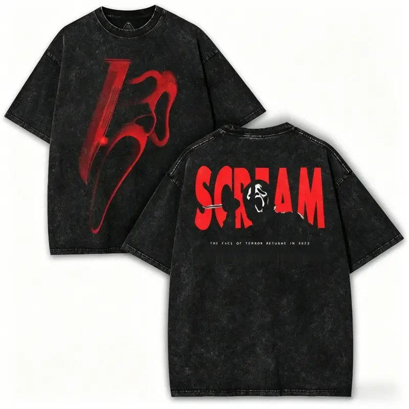Screaming oversized retro washed T-shirt - Red horror pattern double-sided printed creative funny face shirt |     Retro Slasher movie streetwear collector