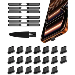 USB C Dust Plug Port Cover Protectors 20 count with Phone Speaker Cover Bumper Stickers 6 count Compatible for  17 Pro Max with Cleaning Brush - Black  and Metal Mesh Accessories