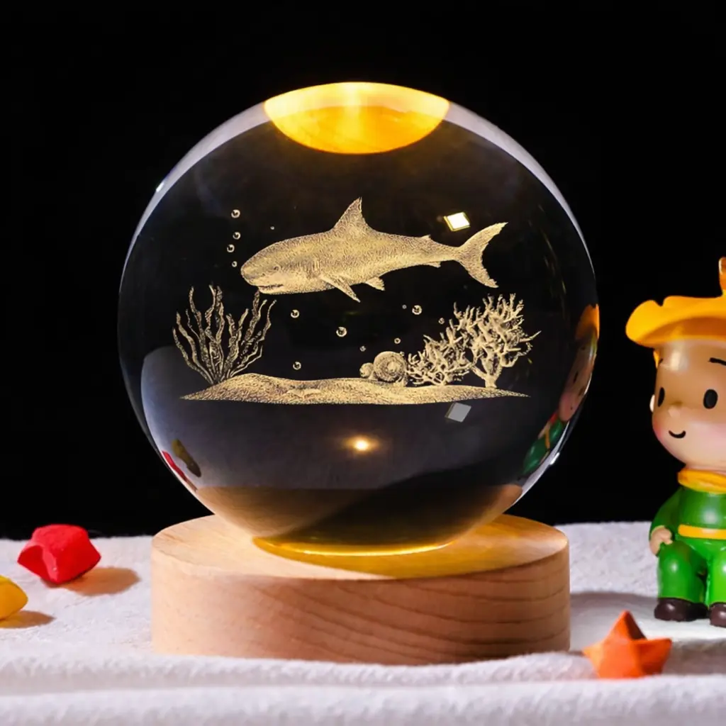 3D Shark Crystal Ball Illuminated Night Light - 3.15in Lifelike Shark Glass Ball with 16-Color LED Wooden Base, Remote Control, Colorful Light, Home Decor, Room Accessories for Kids’ Birthday Gifts, Led Decoration Lamp