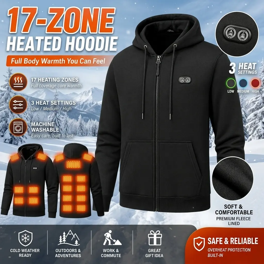 17-Zone USB Electric Heated Hoodie, Smart Dual Control Long Sleeve Soft Fleece Thermal Zipper Jacket, Lightweight Warm Tops for Cold Weather Camping, Commuting