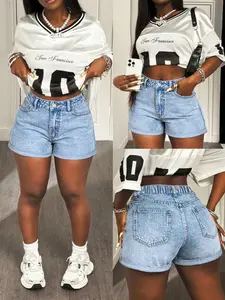 New Plus Size Curvy Women's Denim Shorts, Pocket, Rolled Hem, Elastic Waist, Y2K Style, Comfortable Fit, Ideal for Daily Wear, Casual Outing, Cycling, Parties