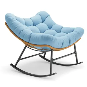 SIKAIC Outdoor Rattan Rocking Chair with Thick Sky Blue Cushion - Modern Wicker Papasan Recliner, Comfy Reading Lounge Egg Chair for Living Room Decor, Balcony, Backyard Furniture Living Room