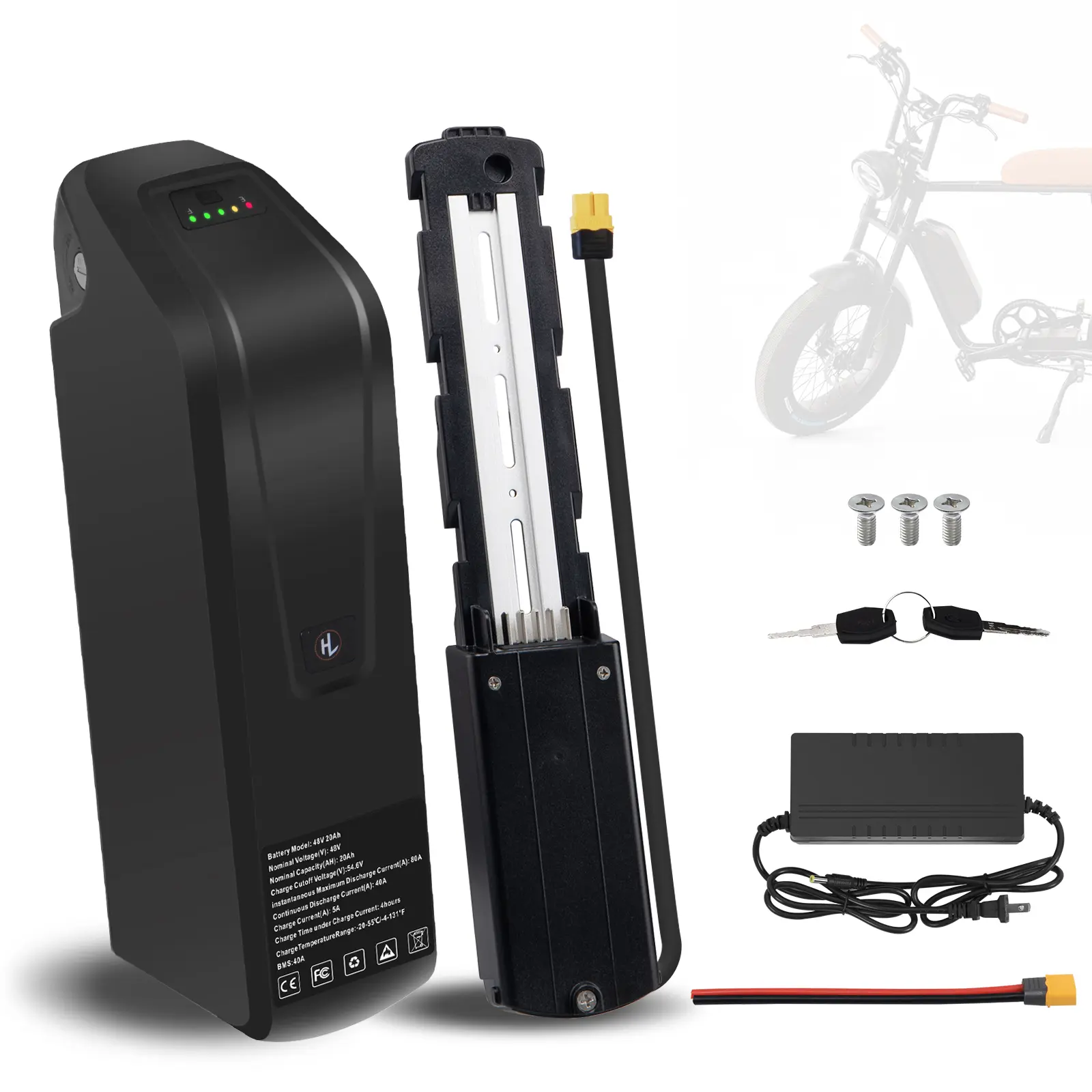 Meaycoty 48V 20Ah Extended Capacity High Output Long Lasting Portable Rechargeable Rainproof E-Bike Battery Pack, 54.6V 5A Fast Charger, 50A BMS, for 250W-1800W Motors, 1500+ Charge Cycles, Shockproof, Extended Capacity Battery, High Output Battery