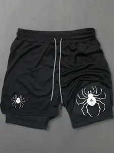 Men's Spider Print 2 in 1 Drawstring Waist Sporty Shorts, Casual Sporty Quick Drying Breathable Bottoms, Men Sports Clothes for Gym Workout Running, Graphic Print Shorts, Stretchy Breathable Shorts, Activewear Shorts