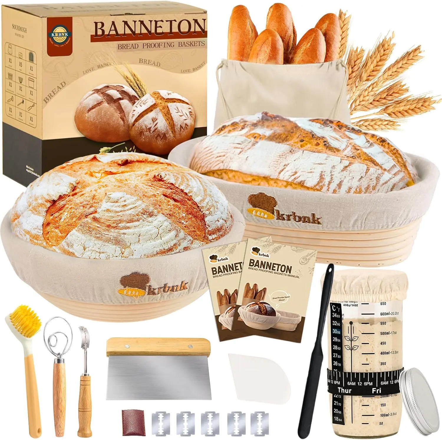 24oz Sourdough Starter Jar with 2 Banneton Bread Proofing Basket Sourdough Starter Kit with Dough Whisk, Scrapers, Complete Sourdough Bread Baking Supplies, 9" Round + 10" Oval