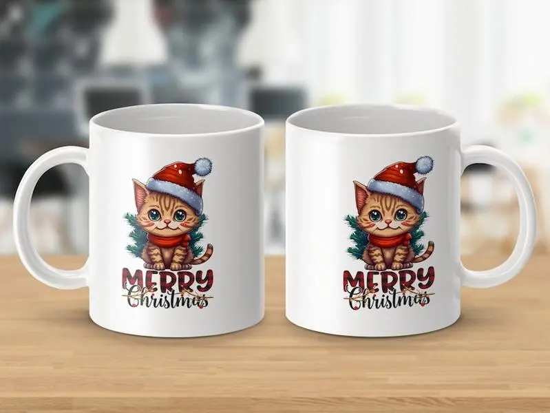 Cute Cat Christmas Mug, Holiday Coffee Cup, Festive Gift for Cat Lovers, Adorable Kitty with Red Santa Hat and Scarf, Christmas Decoration