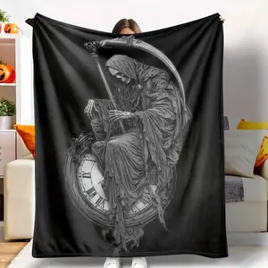 Grim Reaper Flannel Blanket, Death & Time Clock Print, Lightweight, Super Soft, AntiPilling, Suitable for Halloween, Gothic Home Decor, Spooky Season Gift, Dark Fantasy Lovers, Living Room, Bedroom, Sofa, Couch, Travel, Camping, Outdoor Events. tiktokshop