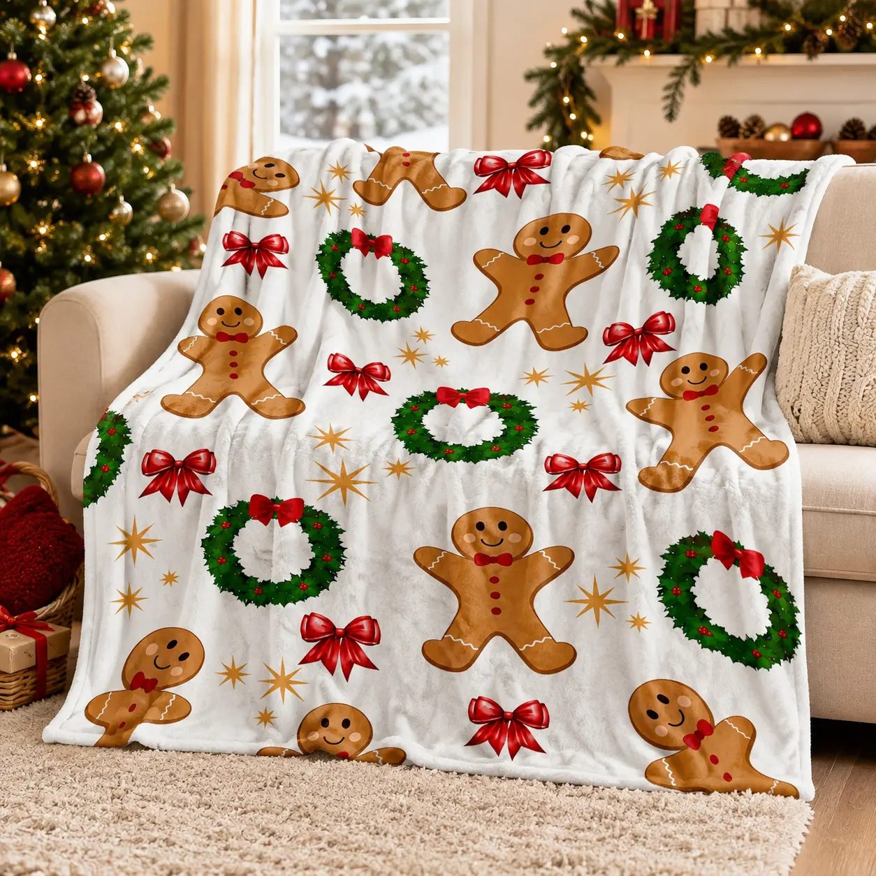 Gingerbread Man Christmas Wreath Flannel Throw Blanket, Soft Fuzzy Plush Blanket for Couch & Bed, All Season Cozy Warm, Cute Holiday Bow Star Pattern, Festive Winter Home Decor, Perfect Christmas Gift, Sweet Xmas Aesthetic Bedroom Living Room