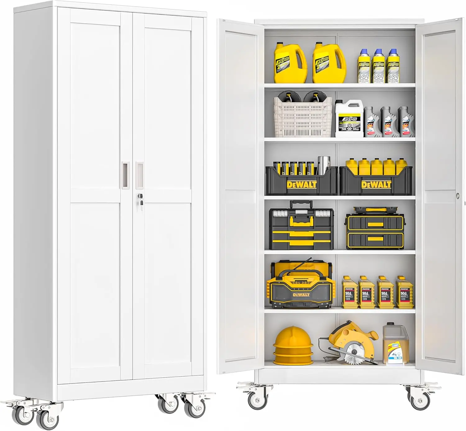 75"H Metal Garage Storage Cabinet, Rolling Tool Cabinet with 2 Doors and Wheels, Locker Steel Cabinet with 5 Adjustable Shelves, Organization Cabinet for Garage,Office,Home,Gym,School