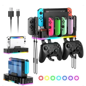RGB Switch Wall Mount stand for Joy-Con Charger,Nintendo Switch / OLED Console with 15 Light Mode, 4 Controller Charger, 2 USB Port, 10 game Card Slot