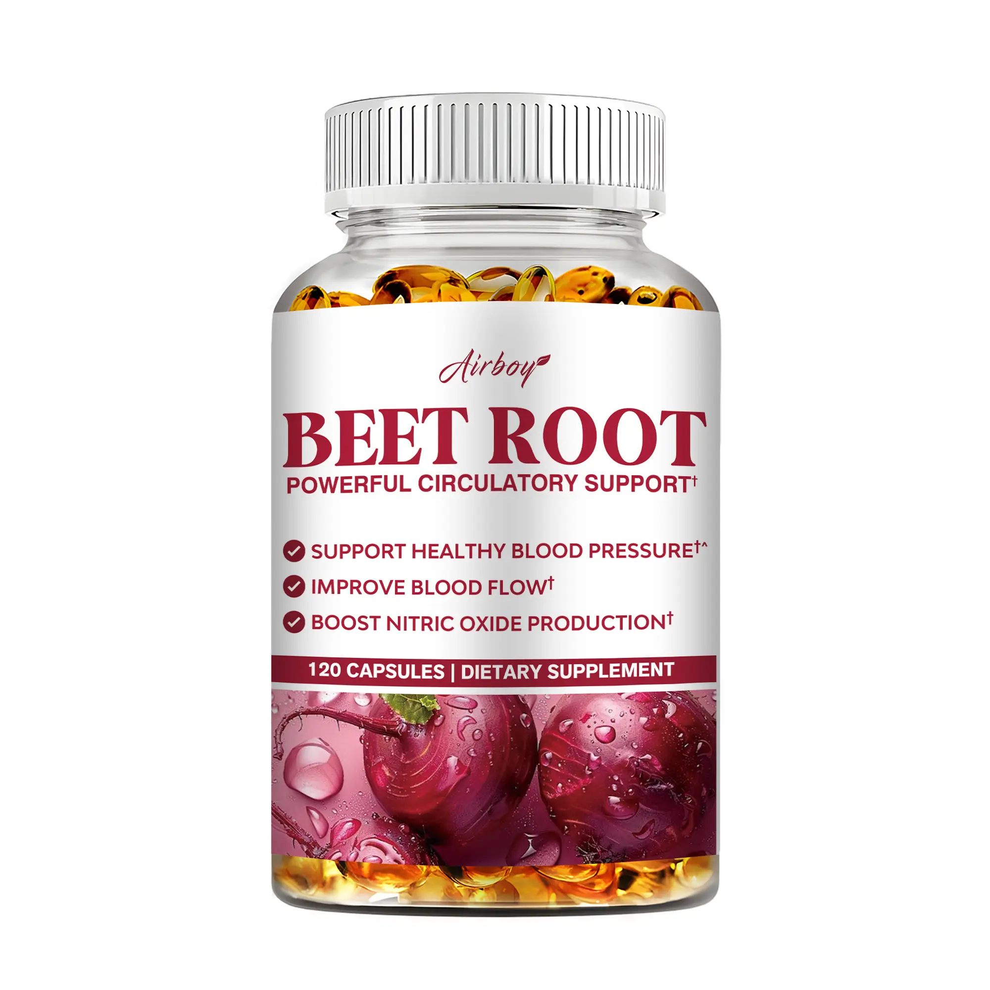 120 Airboy Beetroot Blood Pressure Support Capsules, of superior quality, for heart health and blood circulation.