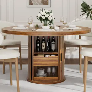 47 Inch Walnut Round Dining Table for 4-6,Kitchen Table with 2-Layer Storage Shelf and a Drawer,Farmhouse Circle Dinner Table for Dining Room,Kitchen,Living Room (Table Only)