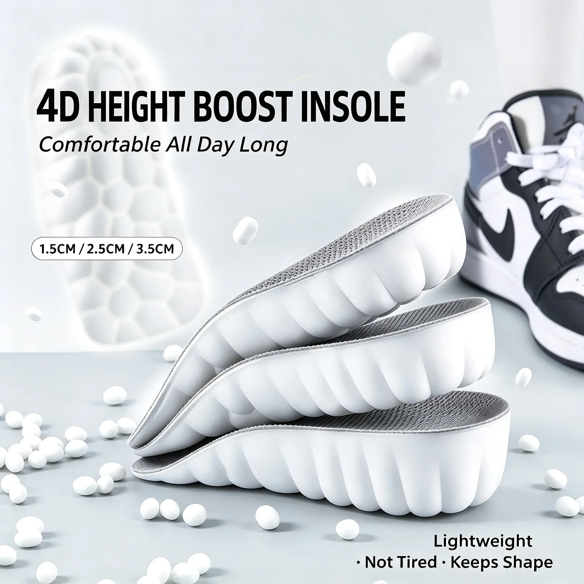 Height Increasing Insoles for Men & Women – Soft Cushioned Invisible Lift Shoe Inserts for Boots & Sneakers, 0.59"/0.98"/1.38" (1.5/2.5/3.5cm), Breathable Unisex Daily Insoles, All Seasons