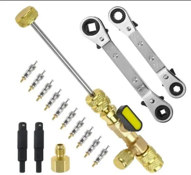 16PCS Valve Core Removal Tool with 10 Upgraded Valve Cores | HVAC Service Wrench Set with Hex Bit Adapters & Storage Bag for R22 R12 R407 R404 R410 R32 R600 Refrigeration System