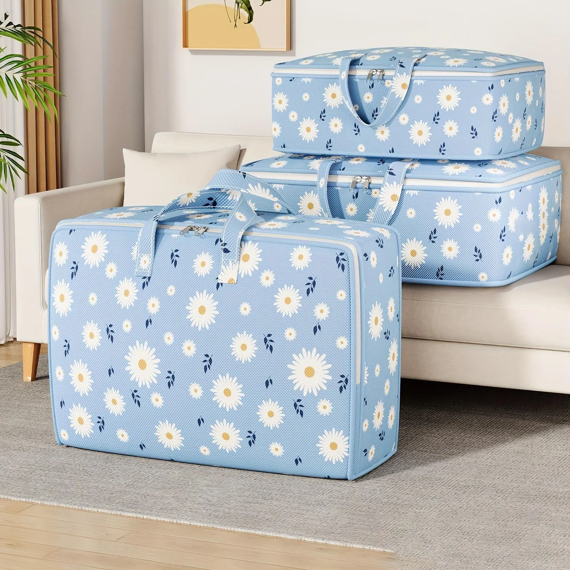 Large Capacity Storage Bags with Zipper, Foldable Clothes & Blanket Storage Bags for Quilts, Bedding, Comforters, Clothing & Seasonal Items, Portable Closet Organizer, 9.51/15.85/23.78Gal