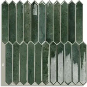 Green Long Hexagon Tile Peel and Stick Backsplash, 10 Sheets Self-Adhesive Wall Tiles Stick on  Splash for Kitchen, Bathroom, Fireplace,RV(12"x12")