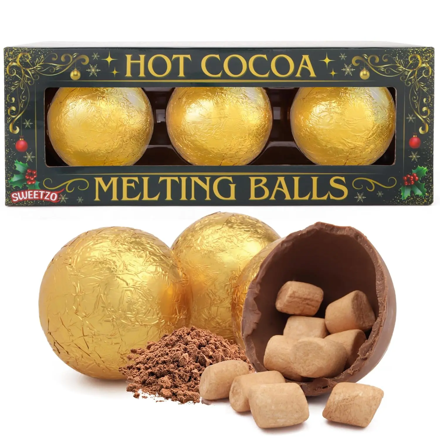 Hot Cocoa Melting Balls with Mini Marshmallows, Creamy Milk Chocolate Melts, Individually Wrapped, Christmas Stocking Stuffer Candy, 3 Count