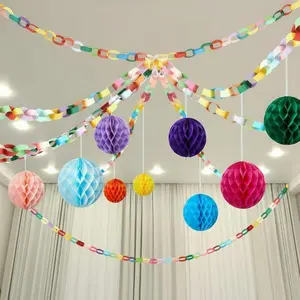 610 Pack Colorful  Decorations, 600 Sheet Paper Chain Strips 2 Rolls of Tape and 10  Honeycomb Ball  Ornaments for Party Ceiling Decor(Bright Color)