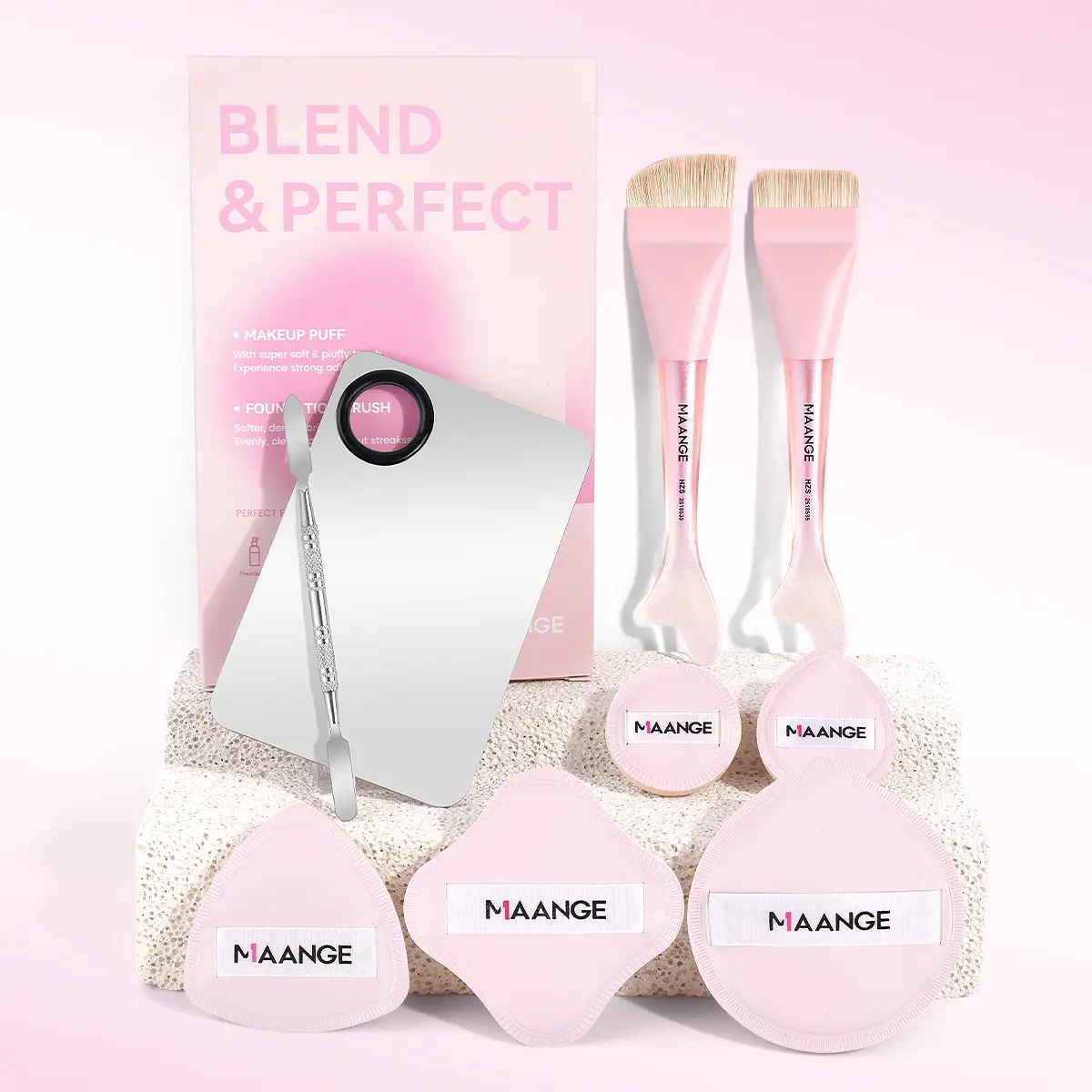 MAANGE Makeup Brush Set with 2pcs Foundation Brush + 5pcs Powder Puffs + Beauty Sponge + Foundation Color Palette for Cream, Liquid, Mineral Foundations & BB/CC Creams, Essential Beauty Tools for Flawless Application, Makeup Accessories Gifts for Friends