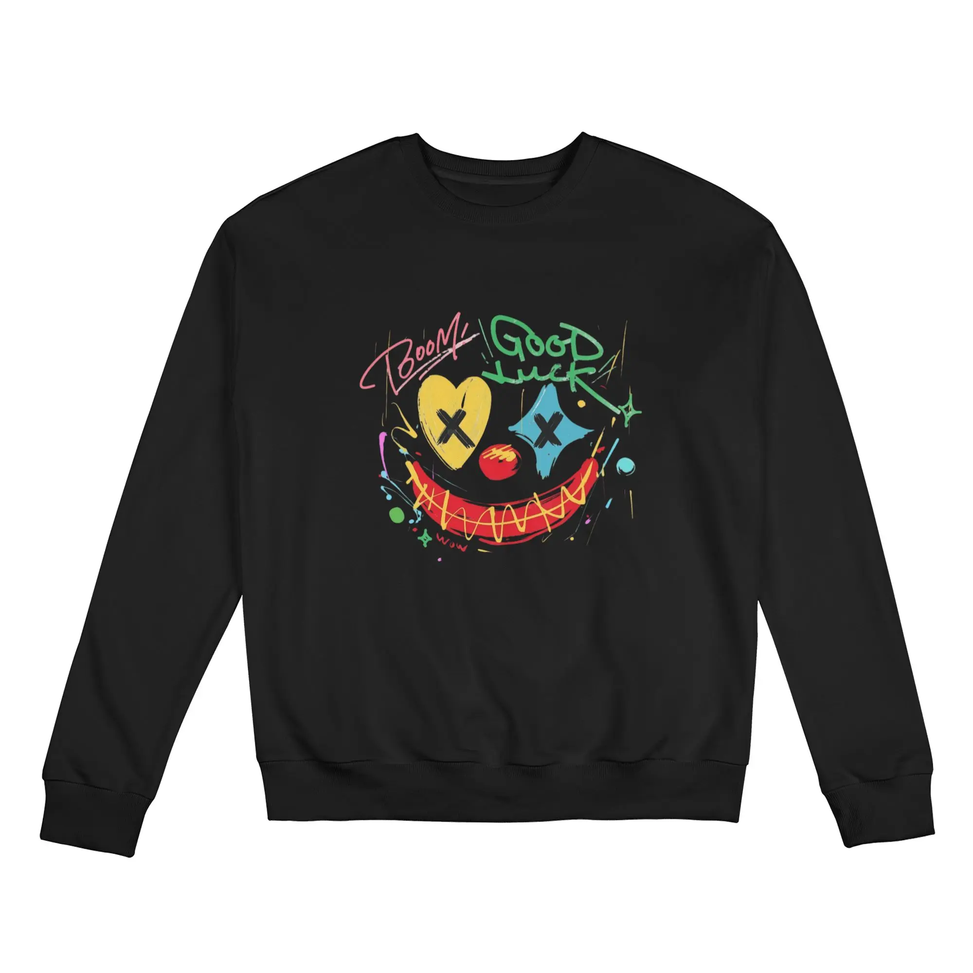 Good Luck Clown Smile Graphic Sweatshirt | Graffiti Print Casual Crewneck Unisex Hoodie Menswear