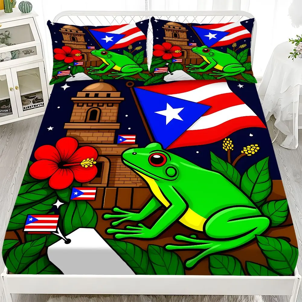 Bedding Set - 3-Piece 2D Flat Puerto Rican Green Frog Pattern Mattress Protector Set (1*Fitted Sheet + 2*Pillowcases, no filling), Stylish, Soft and Comfortable Bed Sheets, Skin-friendly and Breathable Bedding Set, Suitable for Bedroom and Guest Room Use