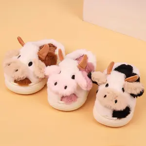Cow Cotton Cute Cartoon Fuzzy Cotton Slippers For Girls And Boy's Indoor Home, Winter Autumn Winter Cotton Slippers With Thick Soles