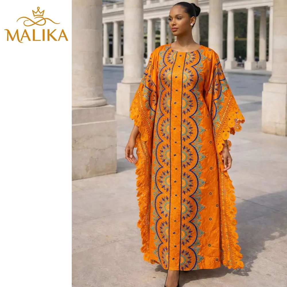 Embroidered Bazin Maxi Dress in Orange, Nigerian Boubou Gown with Batwing Sleeves and Stone Lace Detail, Baby Shower, Bachelorette Party