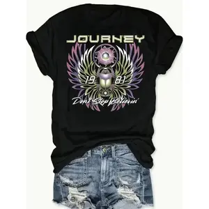 [100% Cotton] Women'S Retro Rock Band Graphic T-Shirt - Journey Never Stop Believin' Print, Short Sleeve, Crew Neck, Casual SpringSummer Top, Casual Wear    Band Design Tee    Graphic Print Te T-Shirt For Men And Women