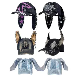Unisex Punk Bunny Ear Baseball Hat – Wasteland Denim Trucker Cap with Chain, Streetwear Hip Hop Costume Accessory for Halloween, Parties, Cosplay & Daily Outfit