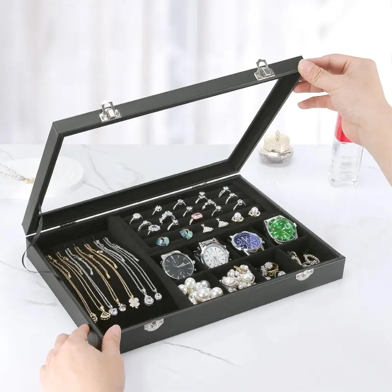 Velvet Jewelry Box Organiser - Dust-Proof Storage Display Tray with Transparent Lid for Necklaces, Rings, Earrings, Watches (Black, Green, White)