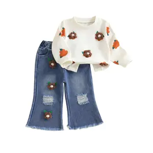 Toddler Girl Fall 2-Piece Outfit Set - Crochet Flower Long-Sleeve Sweatshirt, Elastic Ripped Denim Flare Pants