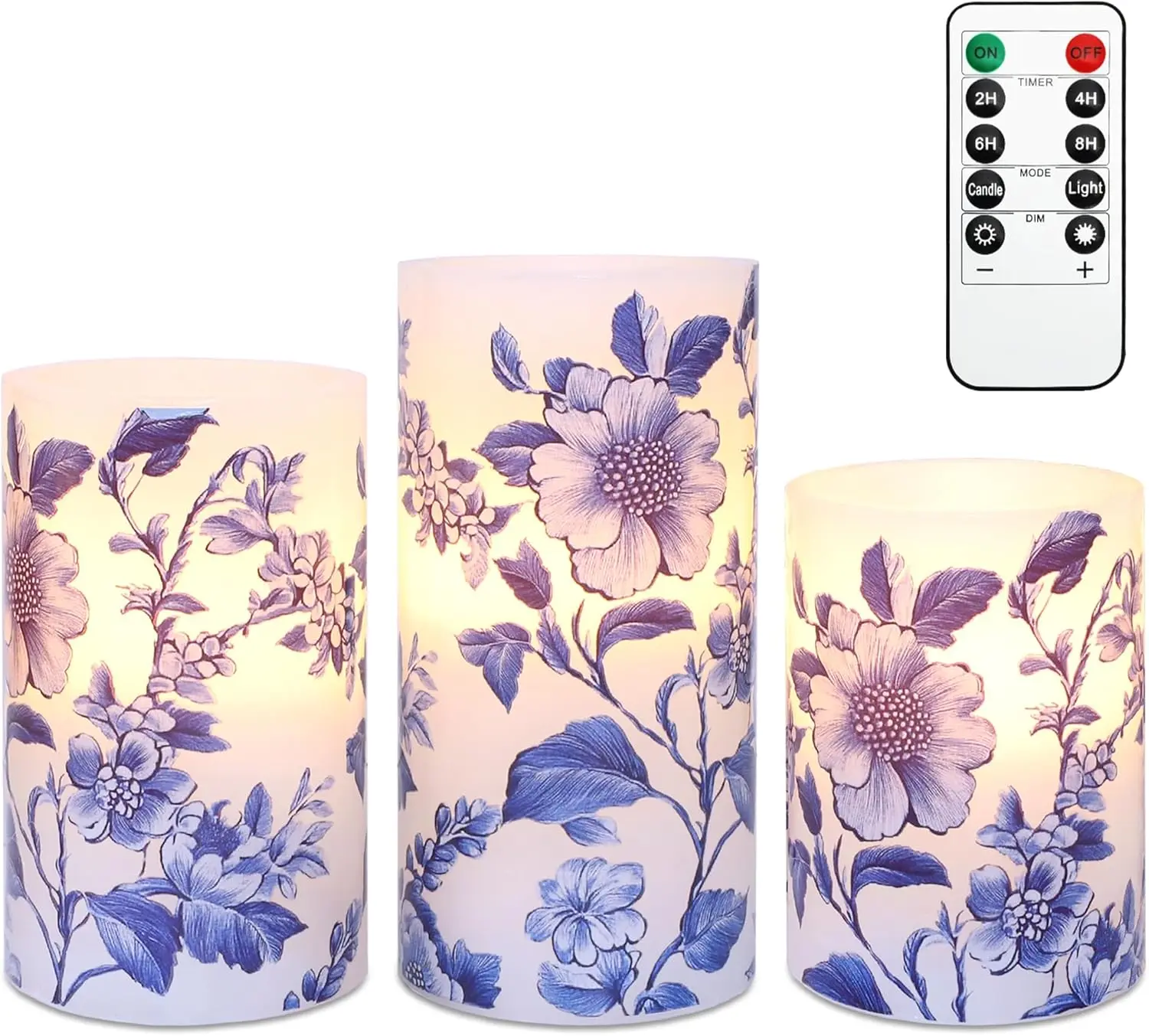 Flameless Real Wax Candles, Blue and White Porcelain Chinoiserie Ceramic Decor, Battery-Operated with Remote, 4-Level Dimming, 2/4/6/8-Hour Timer, Adjustable Dripless Vintage Decor for Home, Christmas Gift