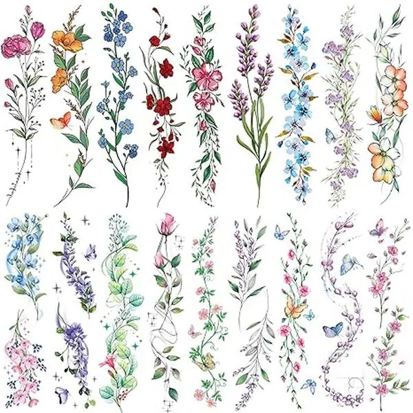 Watercolor Temporary Tattoos For Women Girls-24 Sheets Colorful Flower Lavender Rose Vine Forget-me-not Plum Blossoms Wild flowers Realistic Waterproof Tattoo Stickers Body Art