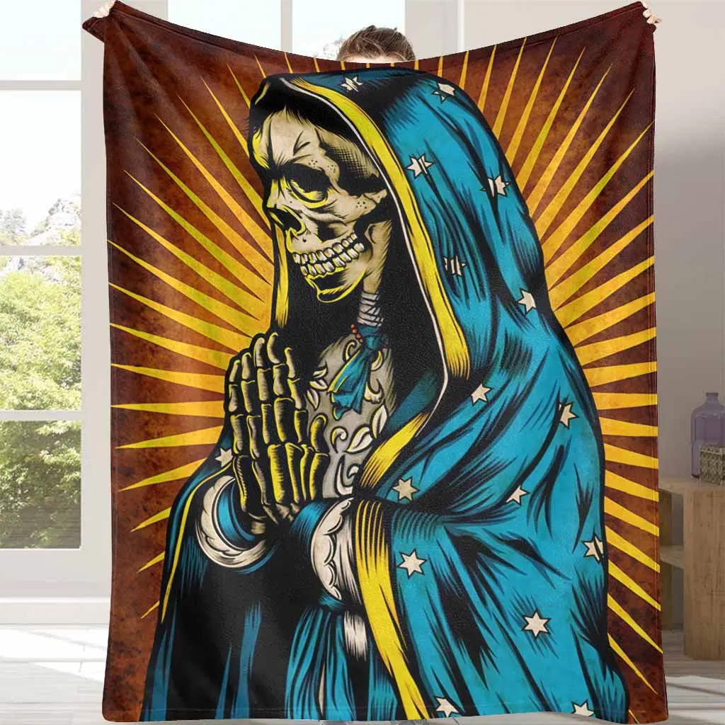 Skeleton Flannel Throw Blanket - Day of the Dead Santa Muerte Print, Breathable Lightweight, Cozy Aesthetic, Soft, Warm, Durable, Anti-Pilling, Wrinkle Resistant, Multi-Size 30*40 Inches, Indoor/Outdoor Home/Car Blanket, Halloween Gift, Breathable Lightwe
